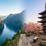 Image composite : fjord norvégien majestueux, montagnes vertes, eau bleue à gauche ; pagode japonaise, cerisiers roses à droite.