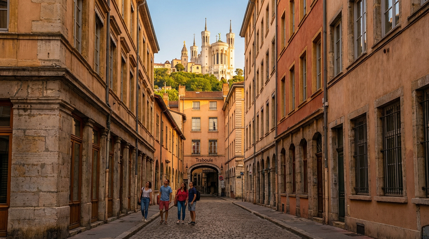 Que faire à Lyon : les lieux incontournables de mon séjour Quatre personnes marchant sur une rue pavée typique de Lyon, encadrée par des immeubles ocres. La basilique de Fourvière domine le paysage.