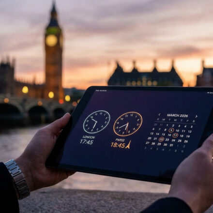 Une personne tient une tablette affichant l'heure de Londres (17h45) et Paris (18h45) avec Big Ben en fond au crépuscule.