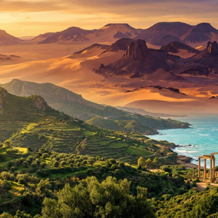Les plus beaux paysages d’Algérie : mon guide d’évasion Paysage algérien diversifié: collines méditerranéennes, ruines antiques en bord de mer turquoise et dunes sahariennes sous ciel doré.