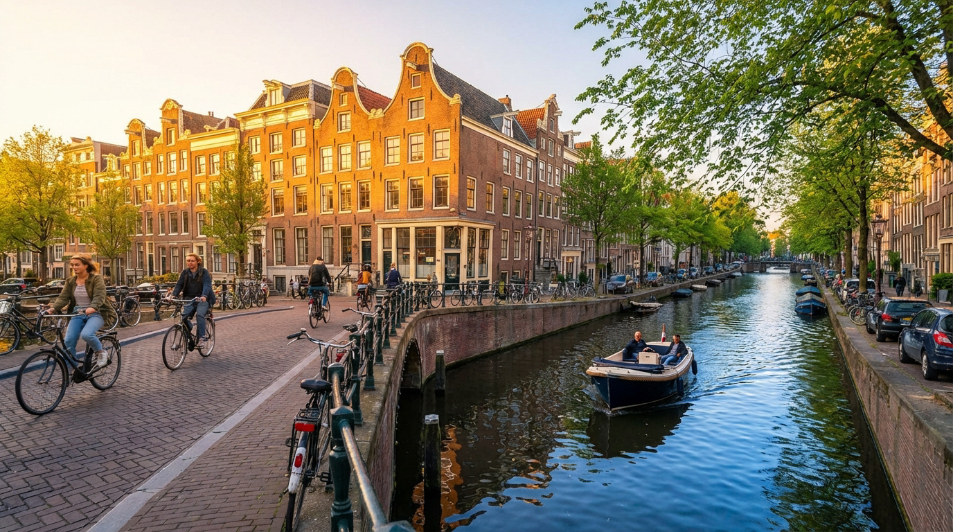 Scène animée d'Amsterdam: personnes à vélo sur une rue pavée le long d'un canal avec des maisons historiques.