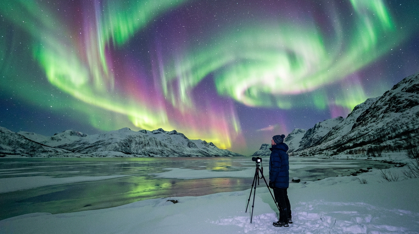 Un photographe en tenue d'hiver capture des aurores boréales vertes et violettes au-dessus d'un lac gelé et de montagnes enneigées.