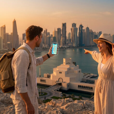 Préparer ton voyage au Qatar : mes conseils et astuces Un couple planifiant son voyage à Doha, Qatar, avec vue sur la skyline et le MIA. L'homme utilise un smartphone pour la navigation.
