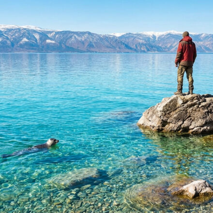 Un homme sur des rochers au bord du lac Baïkal observe un phoque dans l'eau claire, avec des montagnes enneigées en fond.