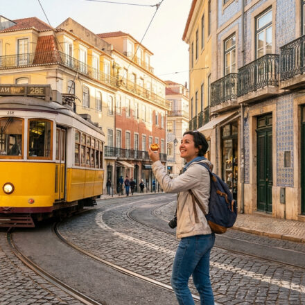 Que faire à Lisbonne : mes activités et spots favoris Femme souriante avec un pastel de nata à Lisbonne. Tram 28 jaune et bâtiments colorés aux azulejos sur rue pavée.