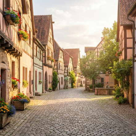 Les plus beaux villages d’Europe : mes pépites secrètes Une rue pavée bordée de maisons colorées à colombages et fleuries sous un soleil doux, évoquant un village européen pittoresque.