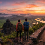 Deux randonneurs contemplent un lever de soleil sur un temple ancien, des rizières en terrasses et une rivière sinueuse.