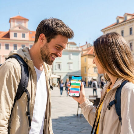 Un couple souriant consulte une application de voyage sur un smartphone dans une ville européenne ensoleillée avec des bâtiments colorés.