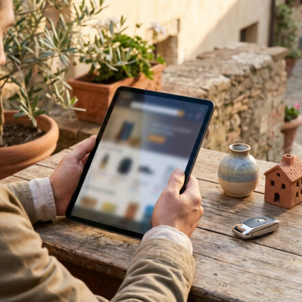 Trouver le bon coin italien : sites et astuces 2026 Homme sur tablette cherchant un bien en Italie. Table en bois avec maison en terre cuite et clé de voiture. Fond méditerranéen.