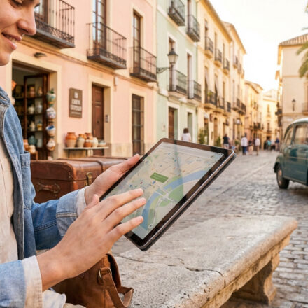 Jeune souriant consulte une carte sur tablette dans une rue pavée d'Espagne, près d'une voiture vintage Seat 600 turquoise.