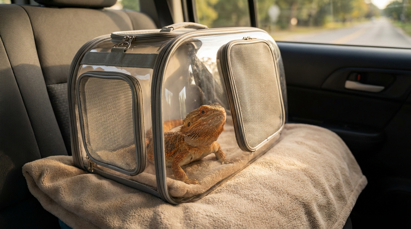 Un pogona dans sa cage de transport transparente et ventilée, posée sur une couverture sur un siège de voiture.