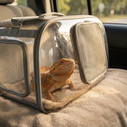Voyager avec son pogona : tous mes conseils pour réussir Un pogona dans sa cage de transport transparente et ventilée, posée sur une couverture sur un siège de voiture.