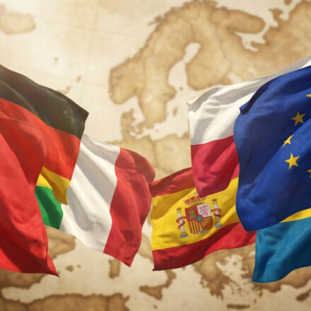 Tout savoir sur les drapeaux des pays d’Europe Plusieurs drapeaux européens (France, Allemagne, Italie, Espagne, Pologne, UE, Suède) flottent devant une carte ancienne de l'Europe.