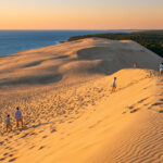 Des randonneurs sur la vaste Dune du Pilat à l'heure dorée, avec l'océan Atlantique et une forêt de pins en arrière-plan.