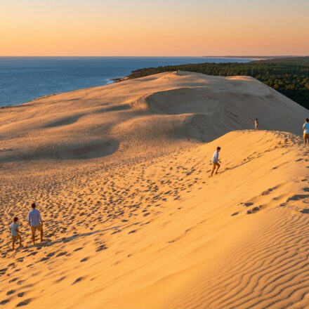 Mes conseils pour visiter la dune du Pilat sans stress Des randonneurs sur la vaste Dune du Pilat à l'heure dorée, avec l'océan Atlantique et une forêt de pins en arrière-plan.