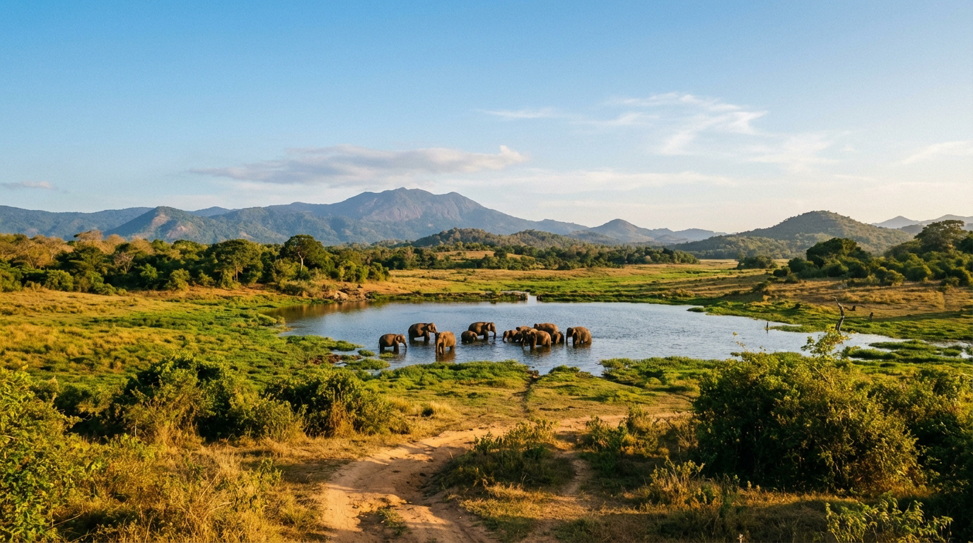 Paysage panoramique du Sri Lanka avec un lac où un troupeau d'éléphants se baigne, entre montagnes et nature luxuriante.