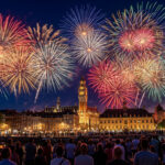 Spectacle de feux d'artifice multicolores éclairant le ciel nocturne au-dessus de bâtiments historiques de Lille, avec une foule en bas.
