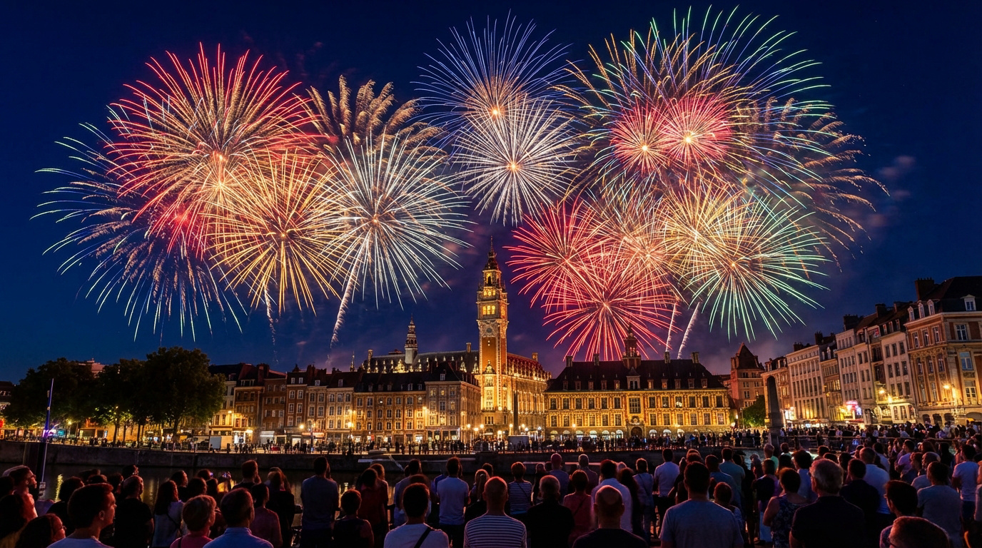 Où voir le meilleur feu d’artifice à Lille en 2026 ? Spectacle de feux d'artifice multicolores éclairant le ciel nocturne au-dessus de bâtiments historiques de Lille, avec une foule en bas.