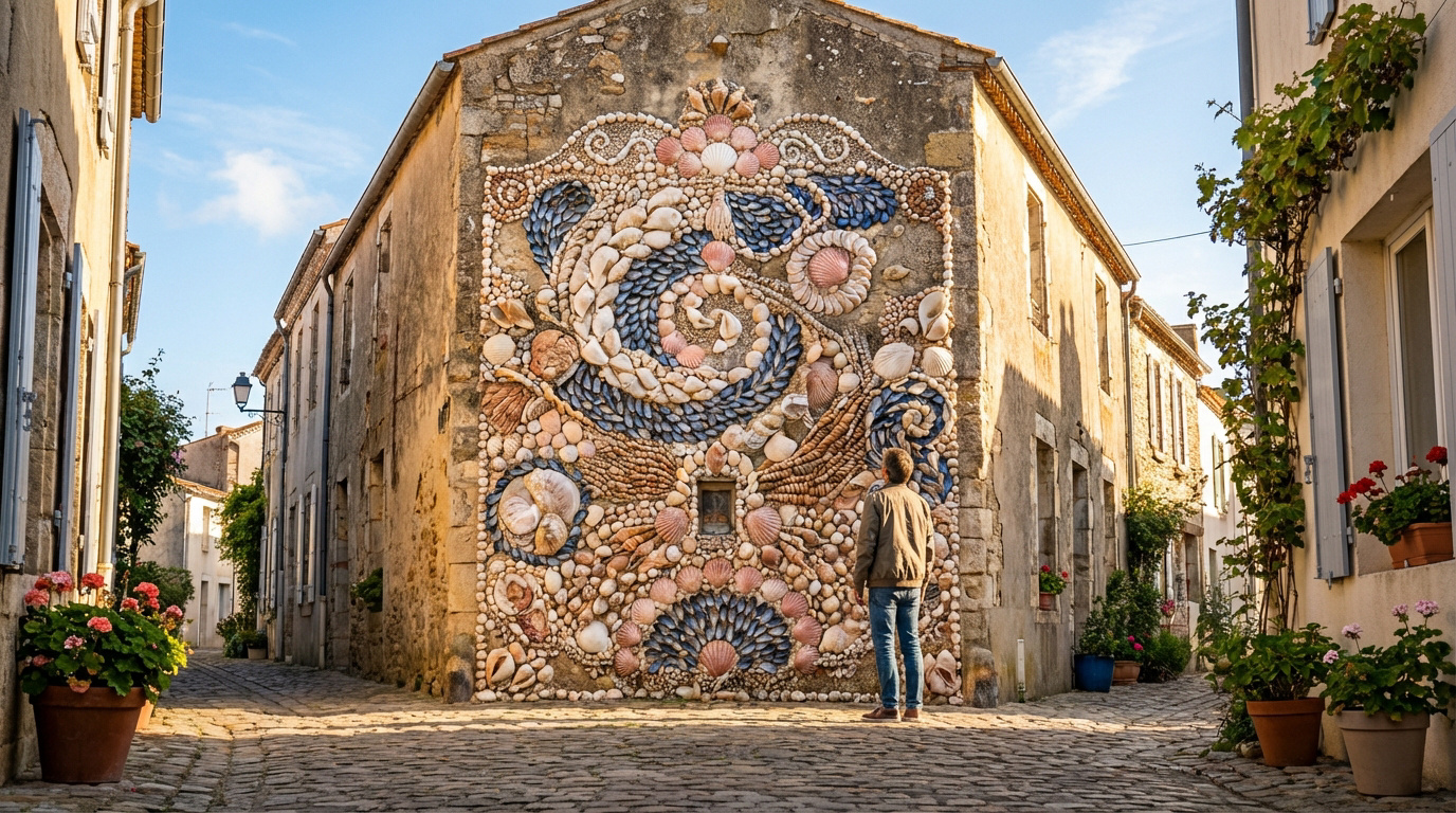 Homme admirant une façade décorée d'une grande fresque murale de coquillages colorés dans une ruelle ensoleillée.