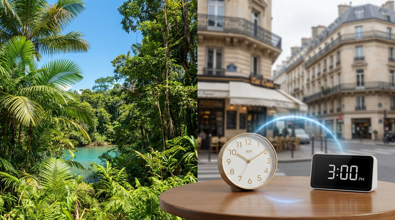 Image divisée : jungle luxuriante de Guyane à gauche, rue parisienne avec café à droite. Deux horloges affichent 10h et 15h.
