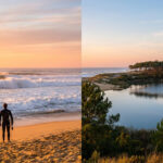 Diptyque : un surfeur sur la plage face aux vagues et un lac entouré de pins près de l'océan au coucher du soleil.