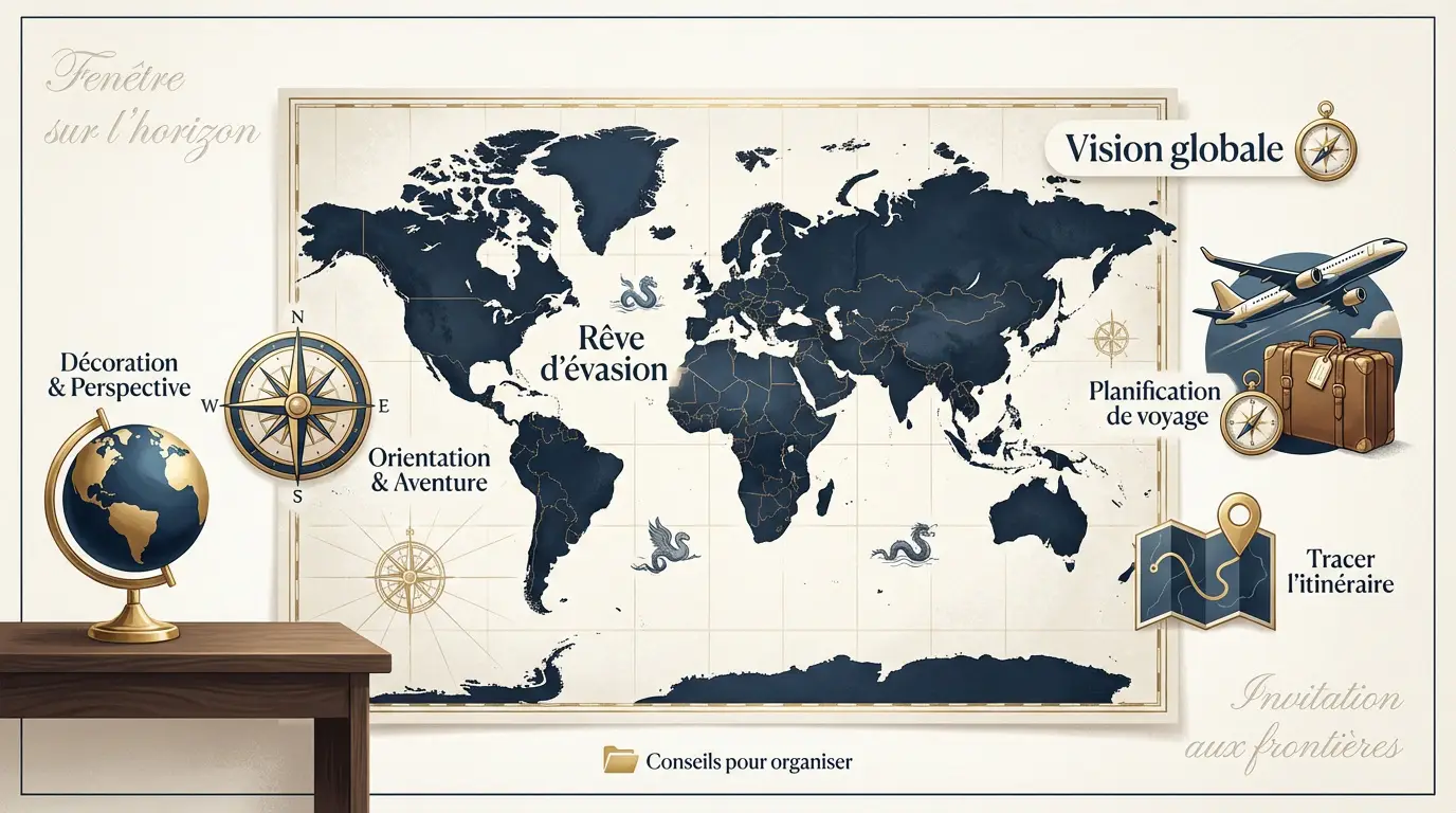 Illustration d'un planisphère avec un globe et des icônes de voyage pour planifier ses aventures