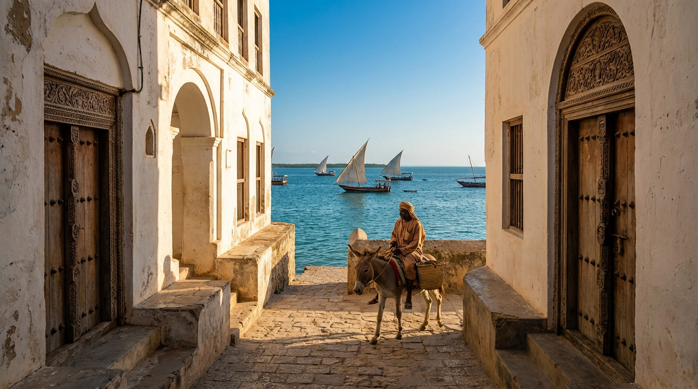 Homme à dos d'âne dans une ruelle pavée de Lamu, ouvrant sur la mer bleue avec des boutres traditionnels.