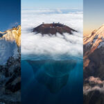 Vibbo occasion : l’astuce pour s’équiper en Espagne Triple image : Everest enneigé, Mauna Kea avec observatoires au-dessus des nuages et sa base sous-marine, Chimborazo enneigé.