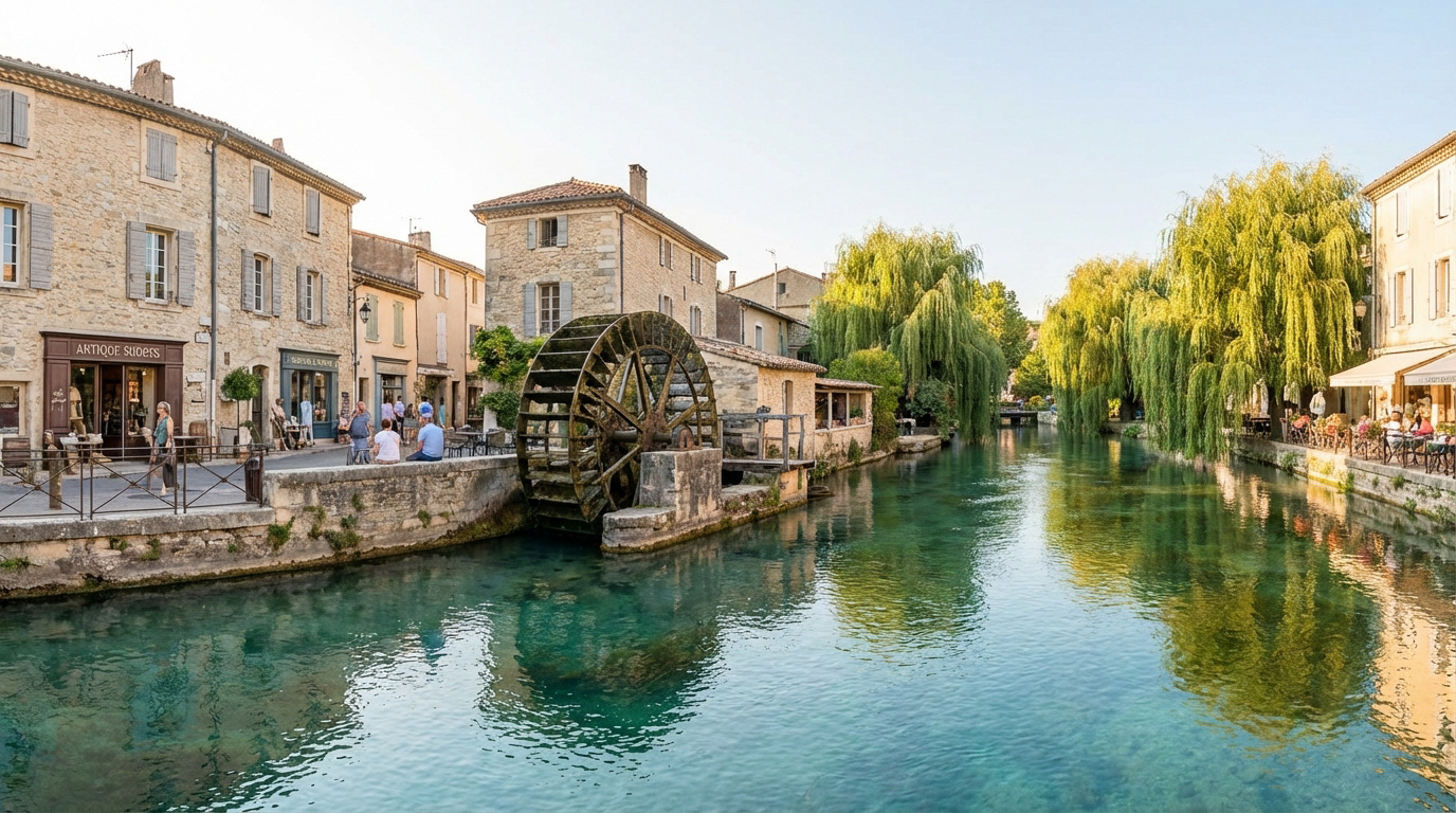 Vue panoramique de l'Isle-sur-la-Sorgue avec son canal turquoise, une grande roue à aubes en bois, des bâtiments en pierre et des saules pleureurs le long des berges animées.