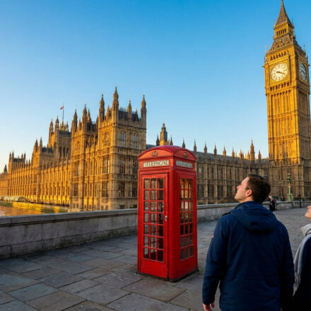 Un couple sur un pont admire Big Ben, le Palais de Westminster et une cabine téléphonique rouge emblématique à Londres.