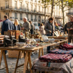 Scène de vide-grenier parisien ensoleillé avec des personnes chinant parmi des objets anciens, livres, caméras et tapis.