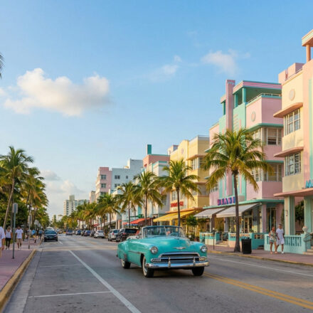 Que faire à Miami : mes conseils pour un séjour de rêve Vue colorée d'Ocean Drive à Miami Beach: bâtiments Art Déco pastel, palmiers, voiture classique turquoise et piétons en balade.