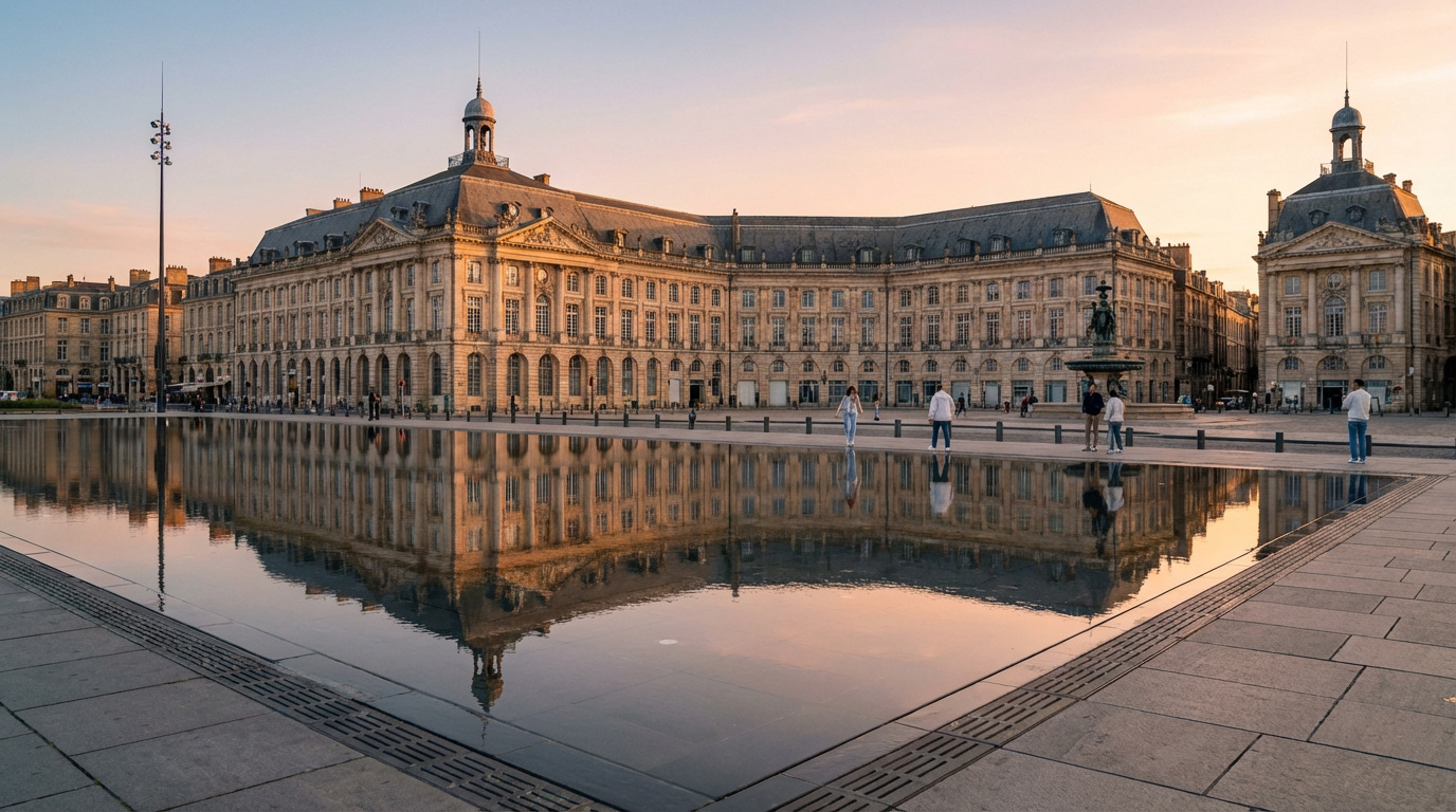 Vue panoramique du Miroir d'eau à Bordeaux reflétant la Place de la Bourse aux teintes chaudes du coucher de soleil.