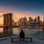 Vue d'un homme de dos sur un banc, face au pont de Brooklyn, la skyline de Manhattan et la Statue de la Liberté au coucher de soleil.