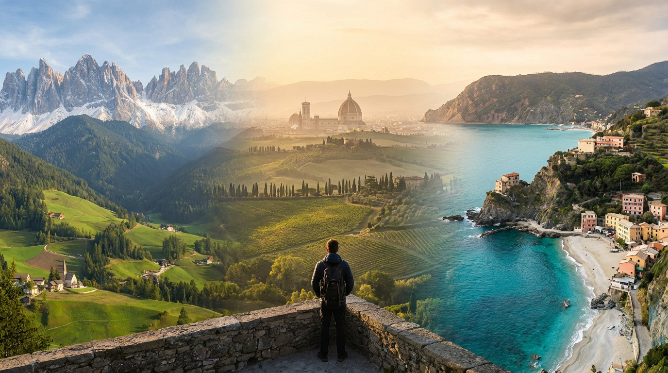 Vue panoramique sur les Dolomites, les collines toscanes avec Florence et la côte ligure, un homme contemple.