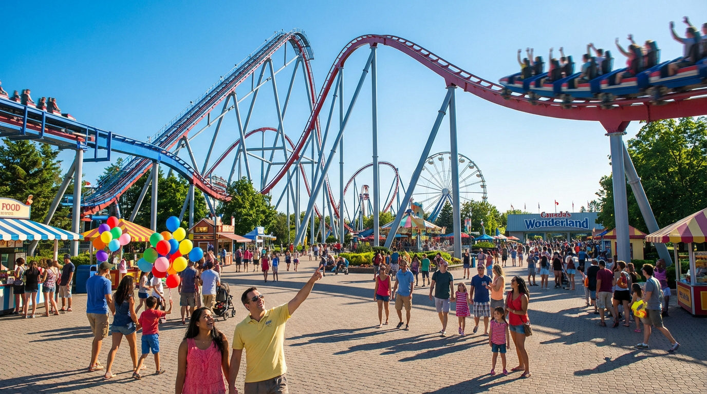 Scène vibrante à Canada's Wonderland : montagnes russes en action, grande roue et foule joyeuse profitant du soleil.