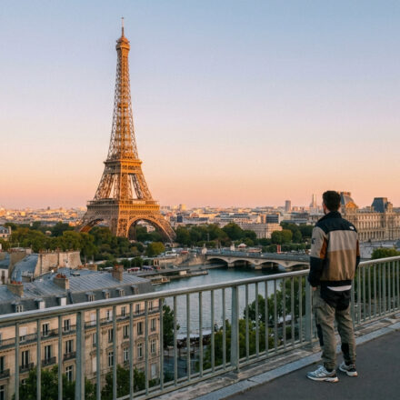 Un homme de dos admire la Tour Eiffel et le Louvre depuis un pont à Paris au coucher du soleil.