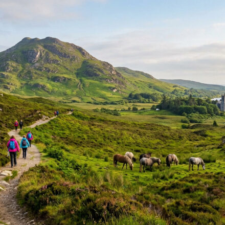 Visiter le parc national du Connemara : rando et conseils Un groupe de randonneurs sur un sentier vert avec des montagnes, des chevaux, un lac et l'Abbaye de Kylemore en Irlande.