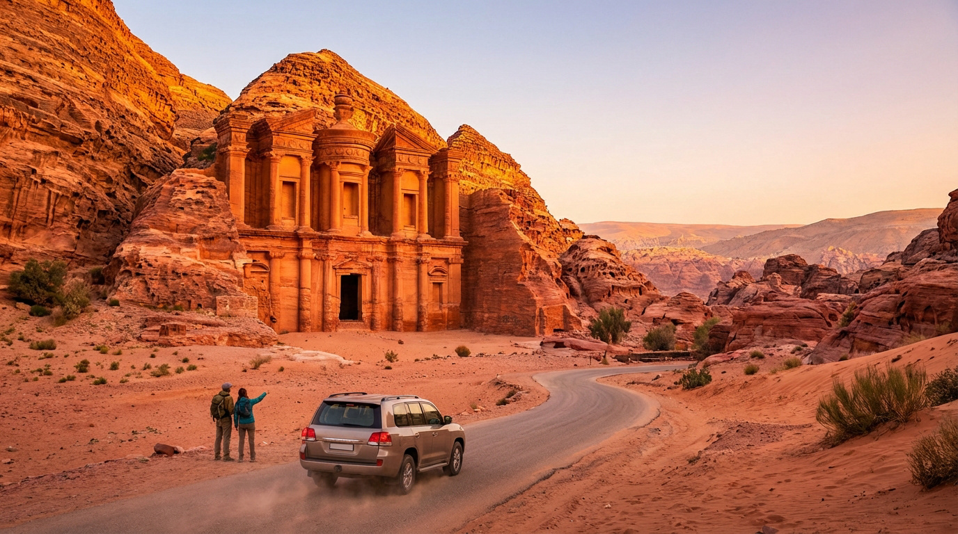 Vue du Monastère d'Ad Deir à Petra, sculpté dans la roche, avec des touristes et un SUV sur une route sinueuse au lever/coucher du soleil.