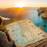 Un homme consulte une carte du Portugal face à un coucher de soleil sur une vallée fluviale et des falaises côtières de l'Algarve.