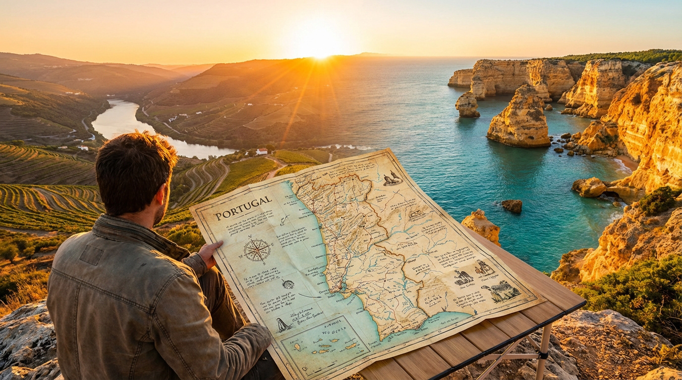 Un homme consulte une carte du Portugal face à un coucher de soleil sur une vallée fluviale et des falaises côtières de l'Algarve.
