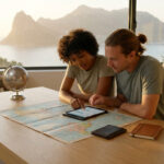 Un couple planifie un voyage sur une carte et une tablette, avec vue sur une baie montagneuse au soleil couchant.