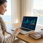 Une femme consulte des graphiques de prix de vols sur son ordinateur portable, avec un avion miniature et un carnet de voyage sur un bureau face à la mer.