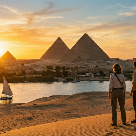 Deux personnes sur une dune face au Nil, aux pyramides de Gizeh et à un temple égyptien, au coucher du soleil.