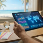 Mains tenant une tablette affichant une recherche de vols, avec carte du monde et graphiques de prix. Sur la table : billets, avion miniature. Arrière-plan : plage tropicale.