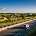 Autoroute A20 sinueuse dans la campagne française. Un véhicule roule près d'un village pittoresque sous un ciel clair.