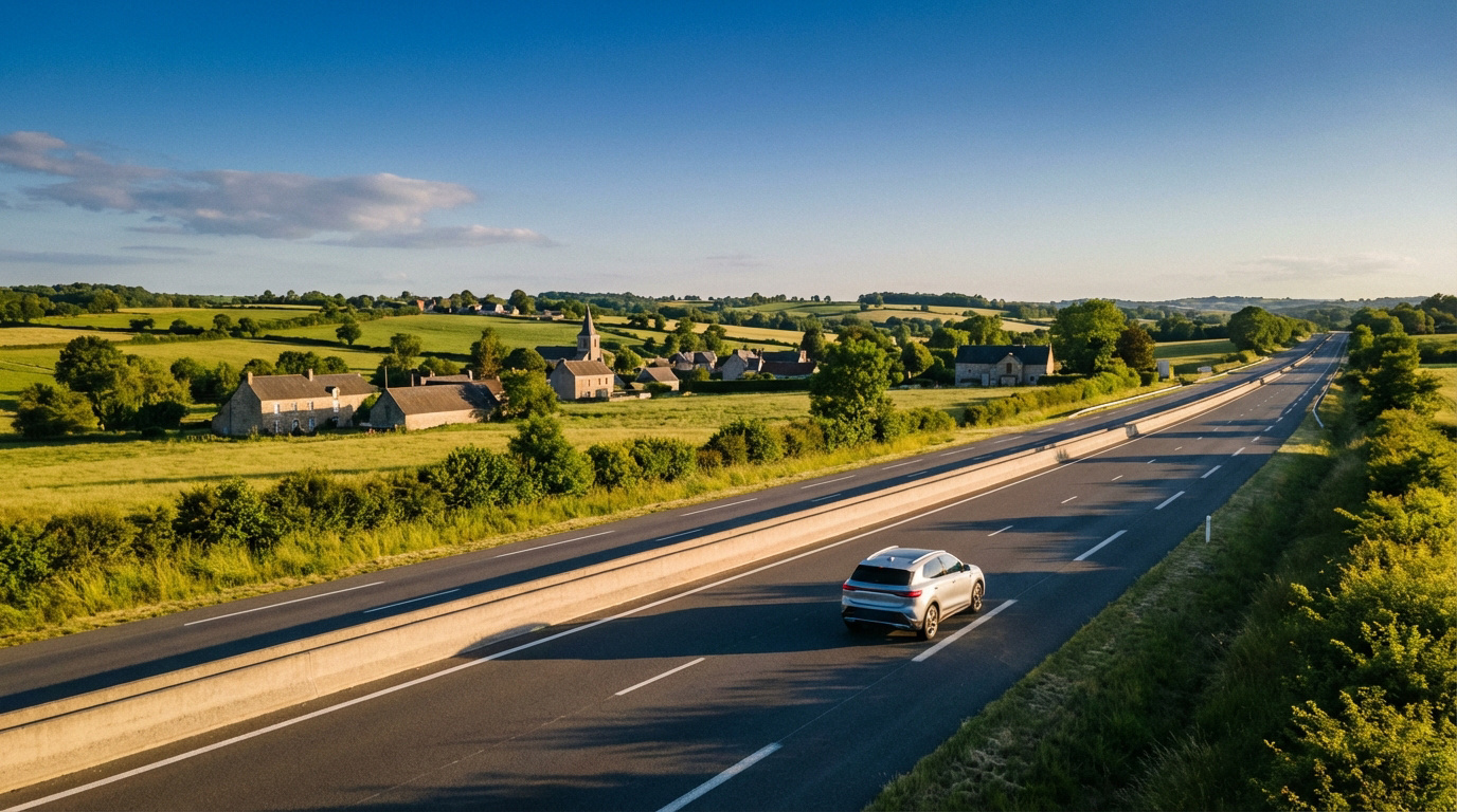 Étapes sur l’autoroute A20 : mes bons plans et villages Autoroute A20 sinueuse dans la campagne française. Un véhicule roule près d'un village pittoresque sous un ciel clair.