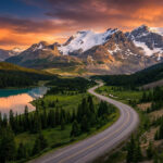 Que faire au Canada : les plus beaux endroits à découvrir Route sinueuse longeant un lac turquoise, avec des forêts et montagnes enneigées, sous un ciel de coucher de soleil vibrant.