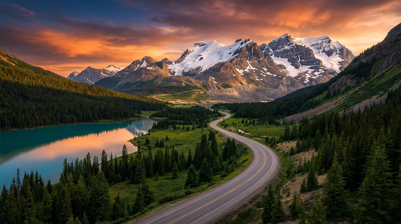 Route sinueuse longeant un lac turquoise, avec des forêts et montagnes enneigées, sous un ciel de coucher de soleil vibrant.