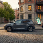 Un homme utilise une application de parking sur son smartphone devant un SUV gris garé sur une rue pavée bordée d'immeubles résidentiels. L'app affiche un "P".